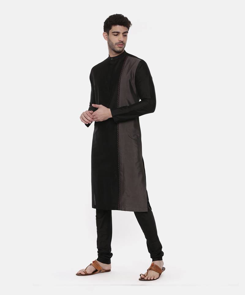 Black Grey Embroidered Silk Kurta