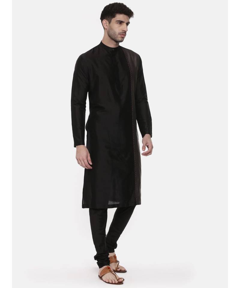 Black Grey Embroidered Silk Kurta