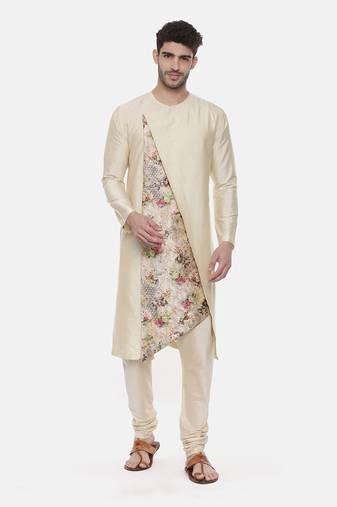 Beige Printed Silk Kurta