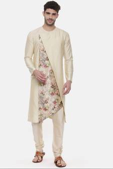 Beige Printed Silk Kurta