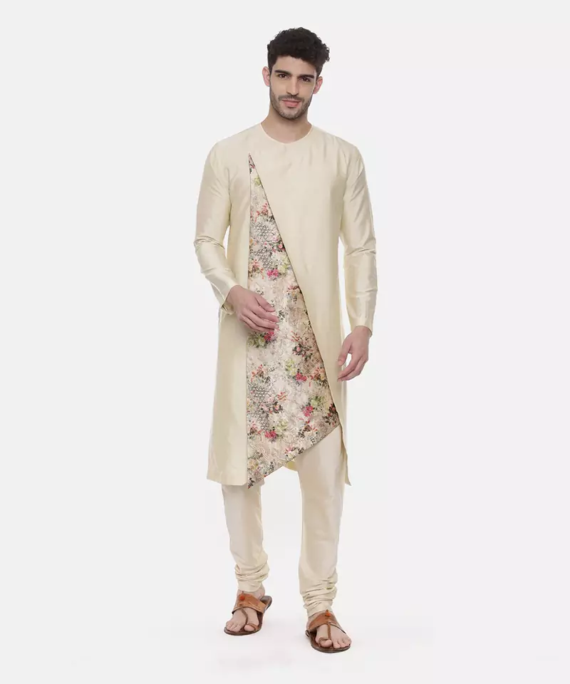 Beige Printed Silk Kurta