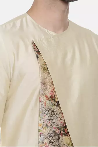 Beige Printed Silk Kurta