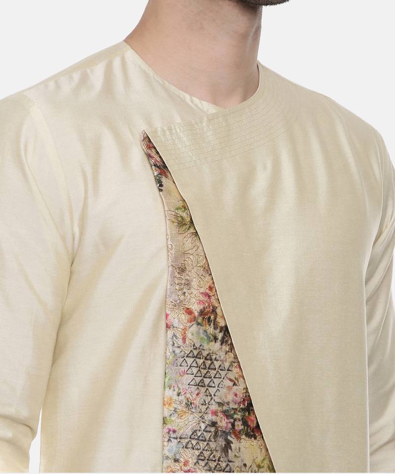 Beige Printed Silk Kurta