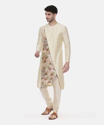 Beige Printed Silk Kurta 3