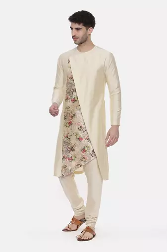 Beige Printed Silk Kurta