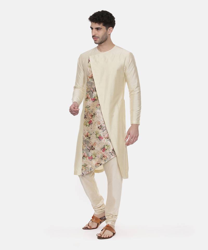 Beige Printed Silk Kurta