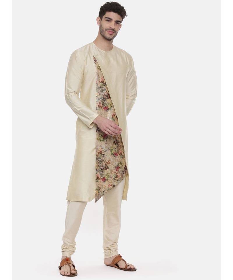 Beige Printed Silk Kurta