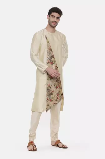 Beige Printed Silk Kurta
