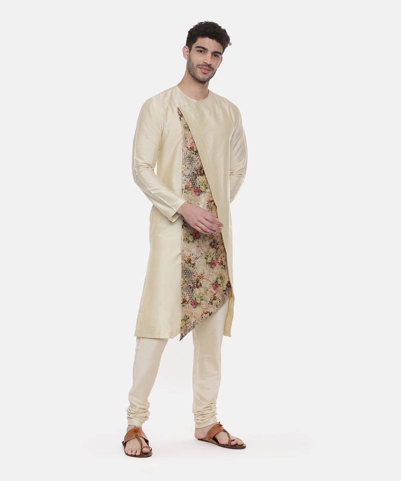 Beige Printed Silk Kurta