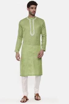 Green Embroiderd Linen Silk Kurta