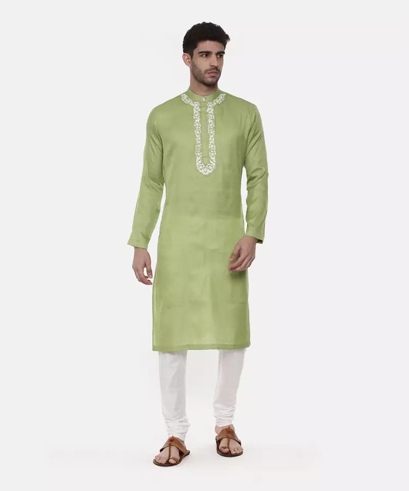 Green Embroiderd Linen Silk Kurta