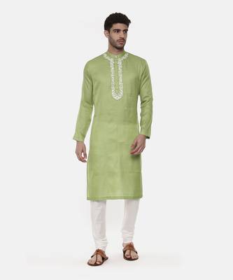 Green Embroiderd Linen Silk Kurta 1
