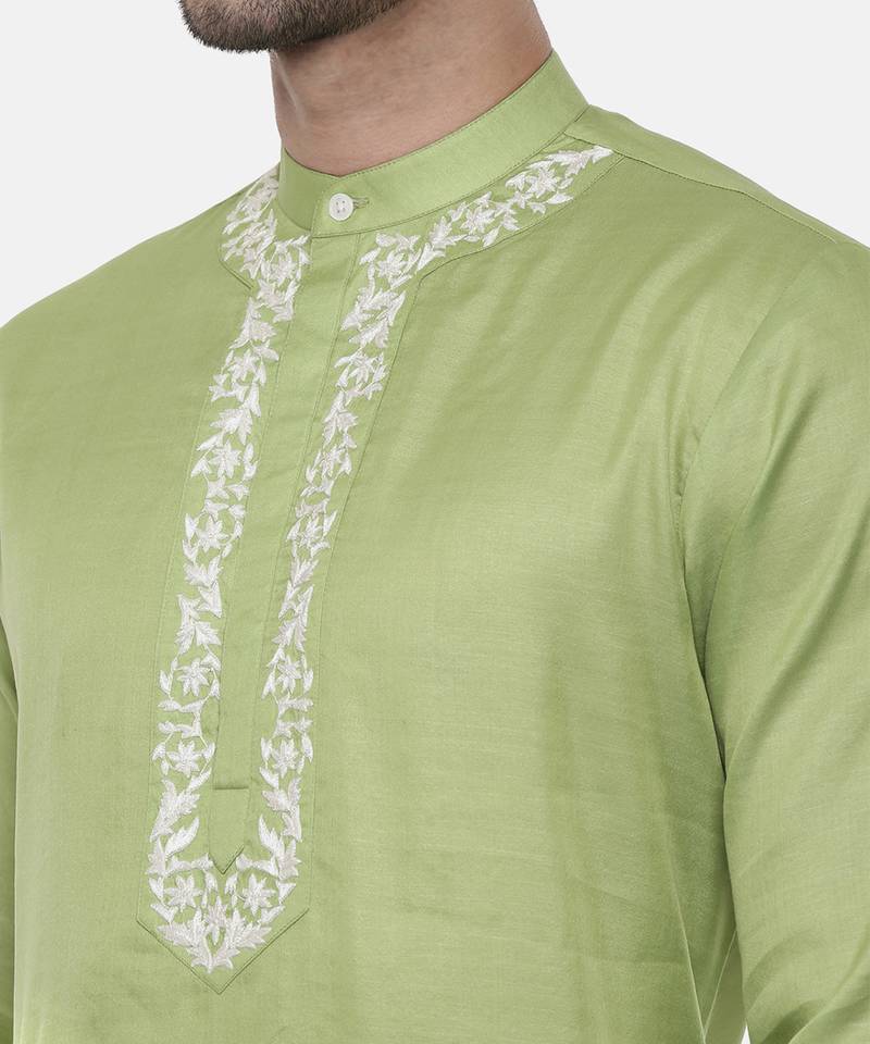 Green Embroiderd Linen Silk Kurta