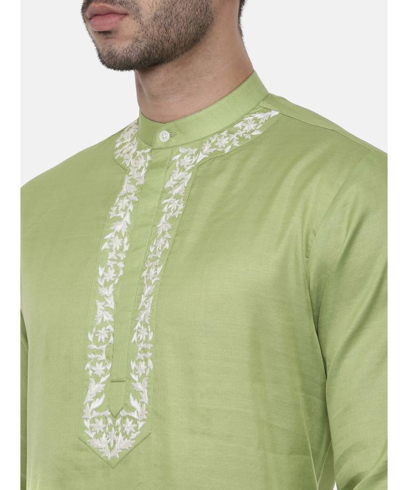 Green Embroiderd Linen Silk Kurta