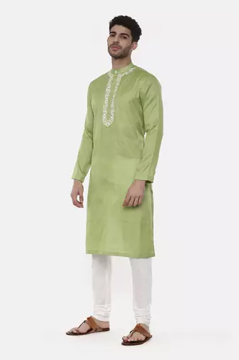 Green Embroiderd Linen Silk Kurta
