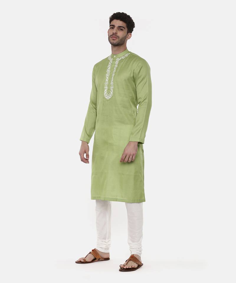 Green Embroiderd Linen Silk Kurta