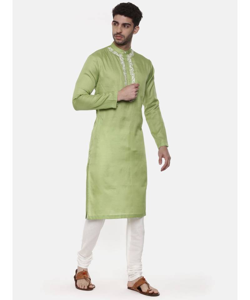 Green Embroiderd Linen Silk Kurta