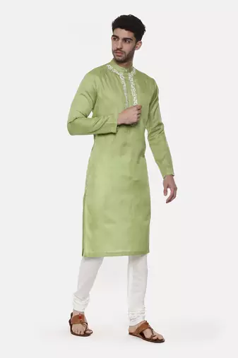 Green Embroiderd Linen Silk Kurta