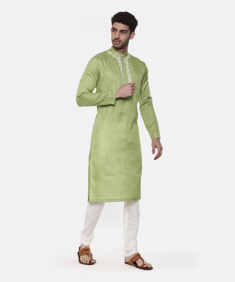Green Embroiderd Linen Silk Kurta