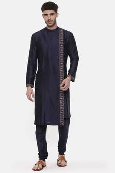 Blue Embroiderd Linen Silk Kurta