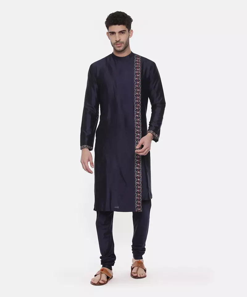 Blue Embroiderd Linen Silk Kurta