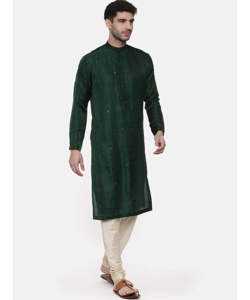 Green Silk Slub Mukaish Kurta