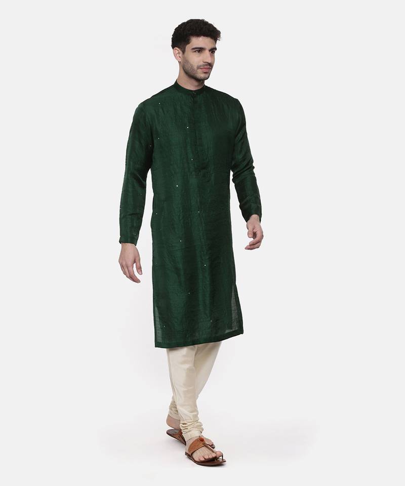 Green Silk Slub Mukaish Kurta