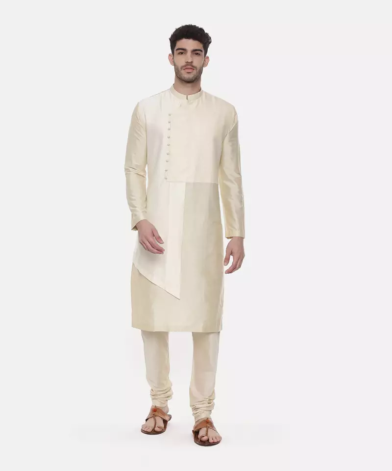 Beige Ivory Silk Cut Away Kurta