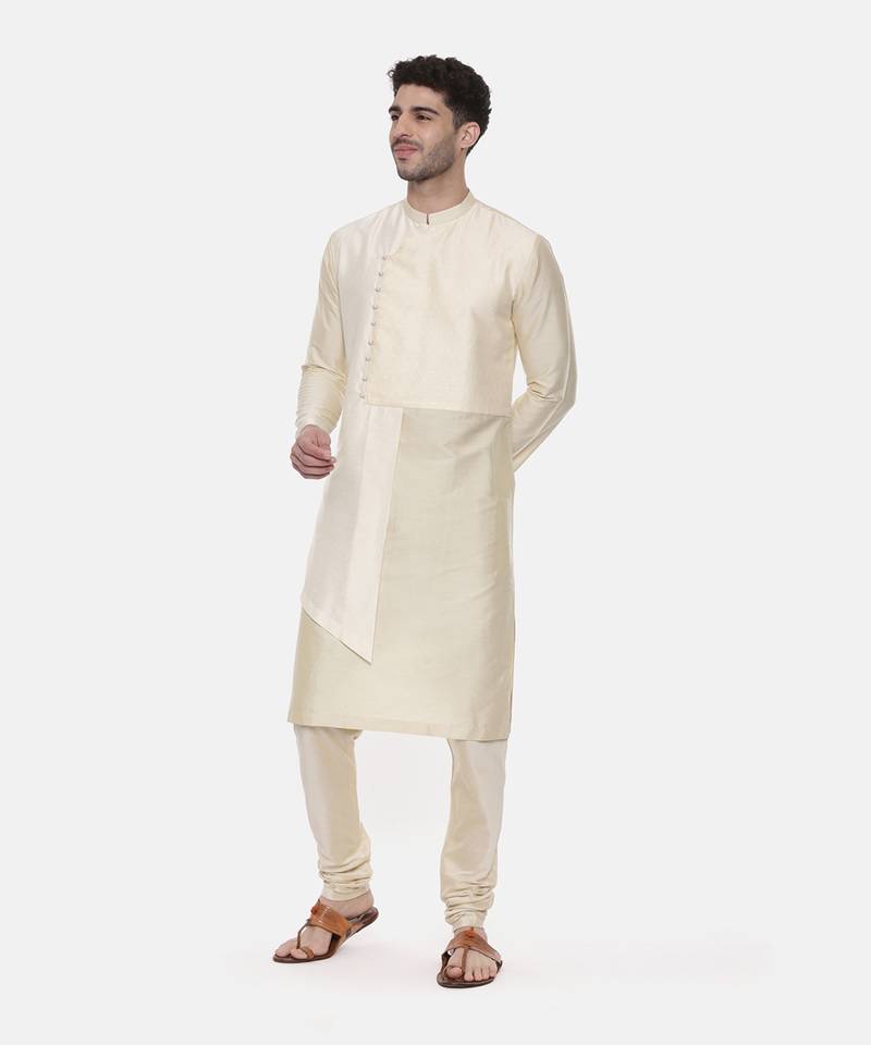 Beige Ivory Silk Cut Away Kurta