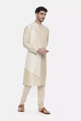 Beige Ivory Silk Cut Away Kurta
