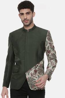 Classic Silk Cotton Green Printed Bandhgala
