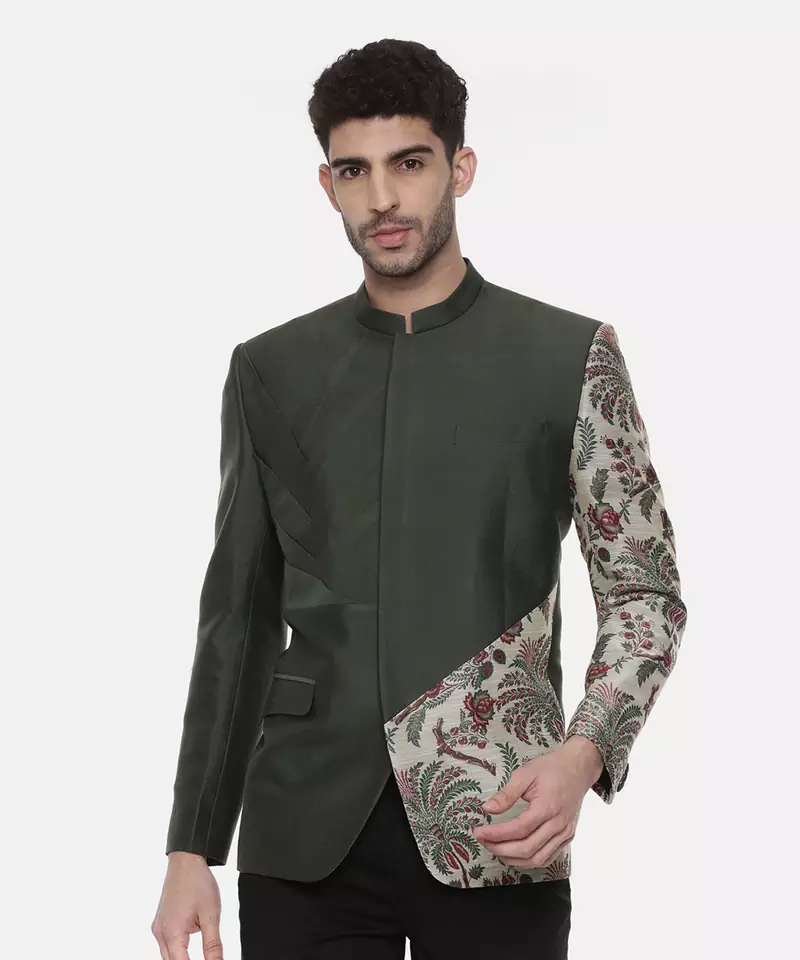Classic Silk Cotton Green Printed Bandhgala