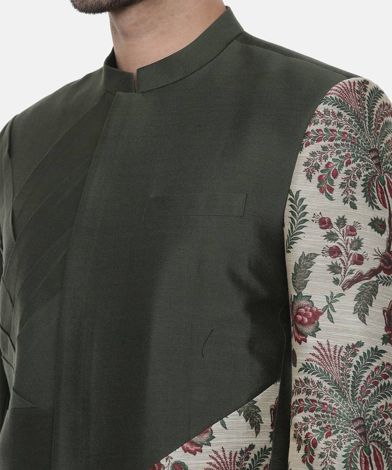 Classic Cotton Green Printed Bandhgala