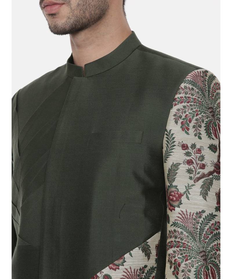 Classic Silk Cotton Green Printed Bandhgala