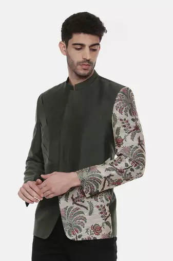 Classic Cotton Green Printed Bandhgala