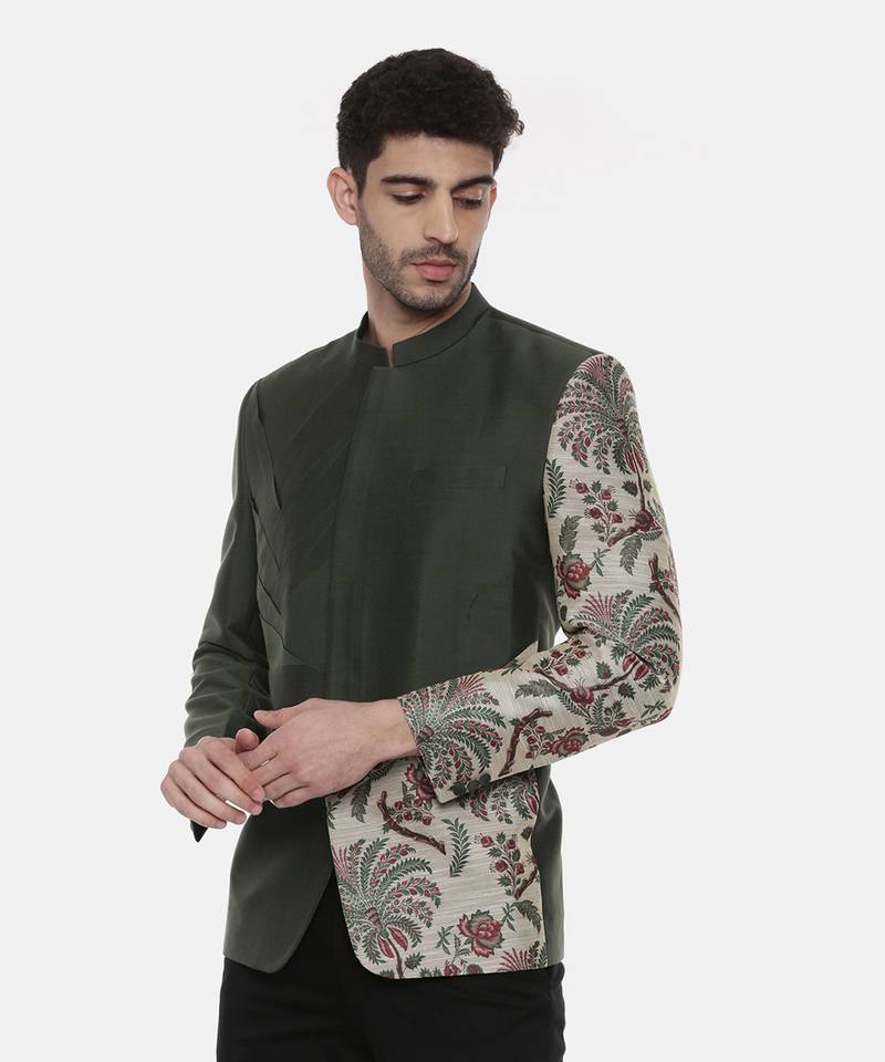 Classic Cotton Green Printed Bandhgala