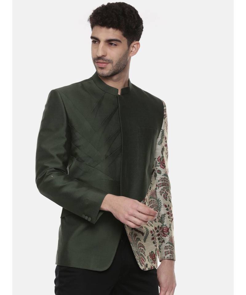 Classic Silk Cotton Green Printed Bandhgala