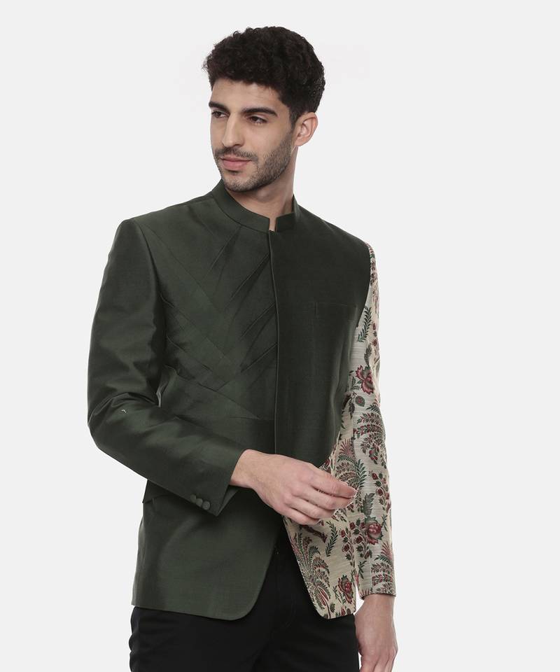 Classic Cotton Green Printed Bandhgala