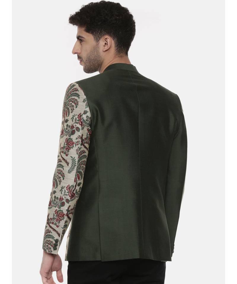 Classic Silk Cotton Green Printed Bandhgala