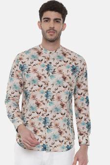 Blue Brown Floral Linen Shirt