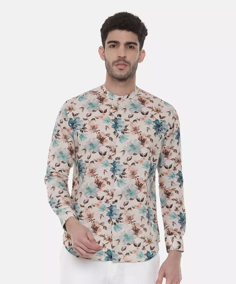 Blue Brown Floral Linen Shirt