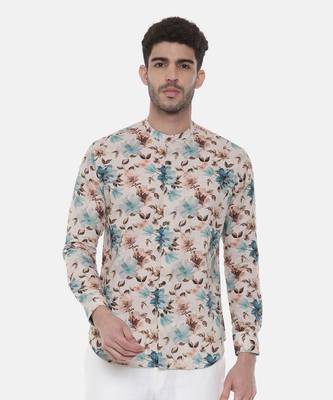 Blue Brown Floral Linen Shirt 2