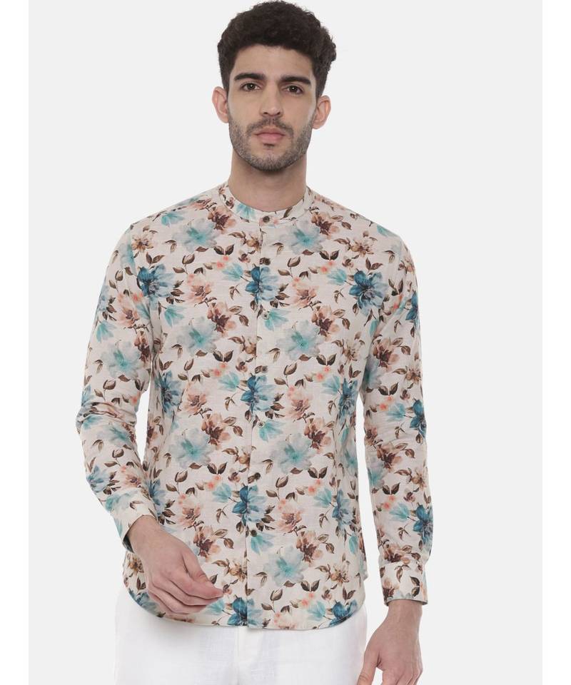 Blue Brown Floral Linen Shirt