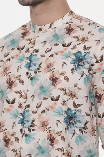 Blue Brown Floral Linen Shirt