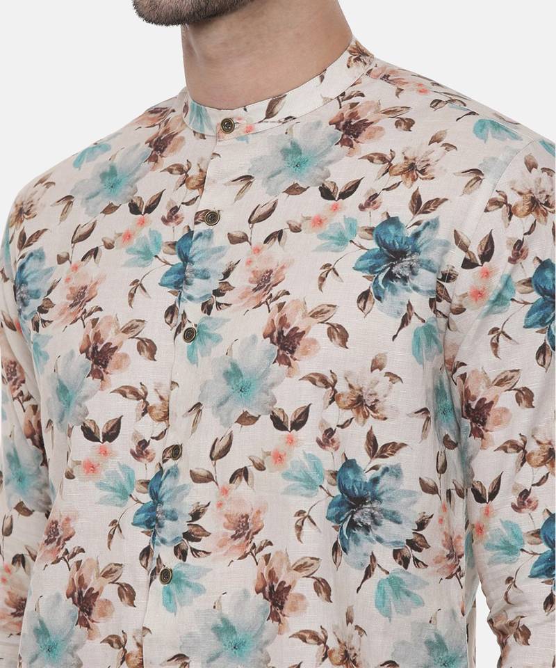 Blue Brown Floral Linen Shirt