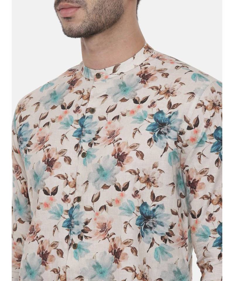 Blue Brown Floral Linen Shirt