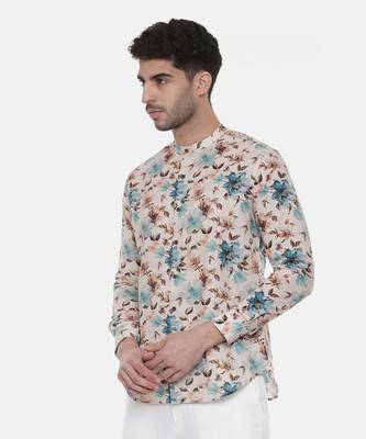 Blue Brown Floral Linen Shirt 4