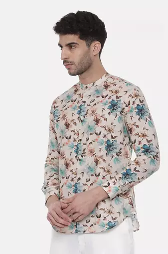 Blue Brown Floral Linen Shirt