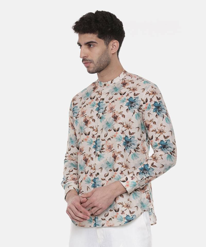 Blue Brown Floral Linen Shirt