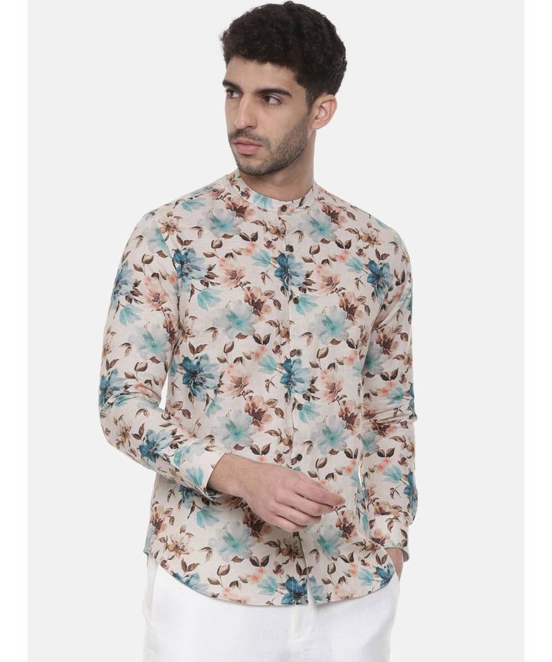 Blue Brown Floral Linen Shirt